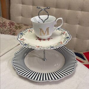 Floral and Striped Two-Tier Cake Stand